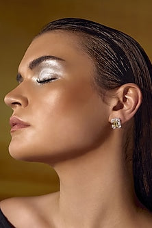 White Rhodium Finish Yellow Cubic Zirconia Crystal Stud Earrings In Sterling Silver