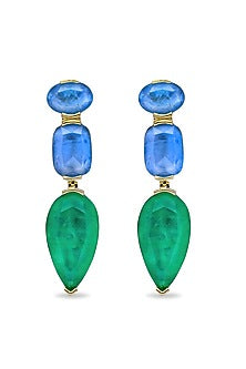 Gold Finish Azure Blue & Emerald Green Natural Stone Drop Dangler Earrings In Sterling Silver