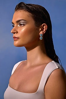 White Rhodium Finish Aqua Cubic Zirconia Crystal Dangler Earrings In Sterling Silver