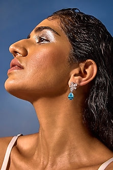 White Rhodium Finish Aqua Cubic Zirconia Crystal Floral Stud Earrings In Sterling Silver