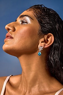 White Rhodium Finish Aqua Cubic Zirconia Crystal Floral Stud Earrings In Sterling Silver