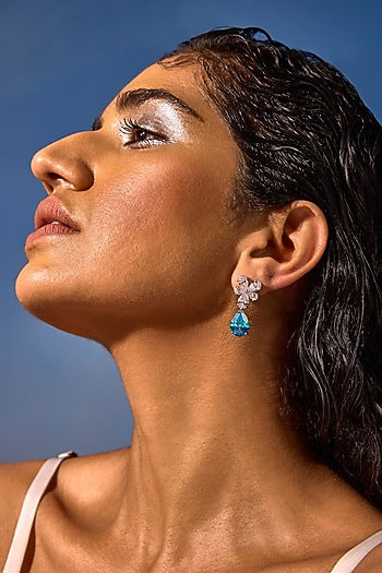 White Rhodium Finish Aqua Cubic Zirconia Crystal Floral Stud Earrings In Sterling Silver