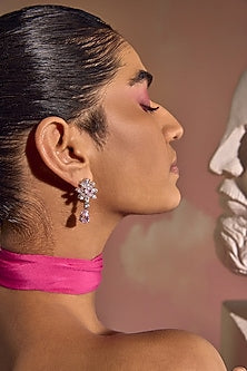White Rhodium Finish Pink Cubic Zirconia Crystal Floral Cluster Teardrop Earrings In Sterling Silver