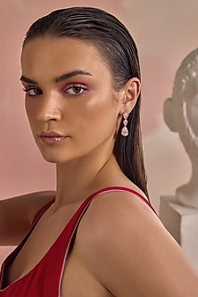 White Rhodium Finish Pink Cubic Zirconia Crystal Floral Cluster Teardrop Earrings In Sterling Silver