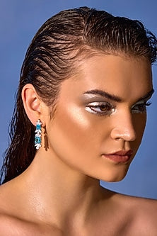 White Rhodium Finish Aqua Cubic Zirconia Crystal Floral Stud Earrings In Sterling Silver