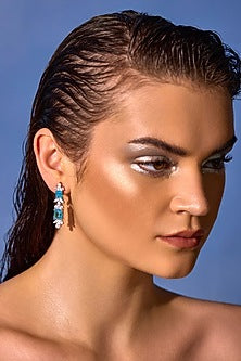 White Rhodium Finish Aqua Cubic Zirconia Crystal Floral Stud Earrings In Sterling Silver