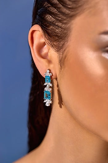 White Rhodium Finish Aqua Cubic Zirconia Crystal Floral Stud Earrings In Sterling Silver
