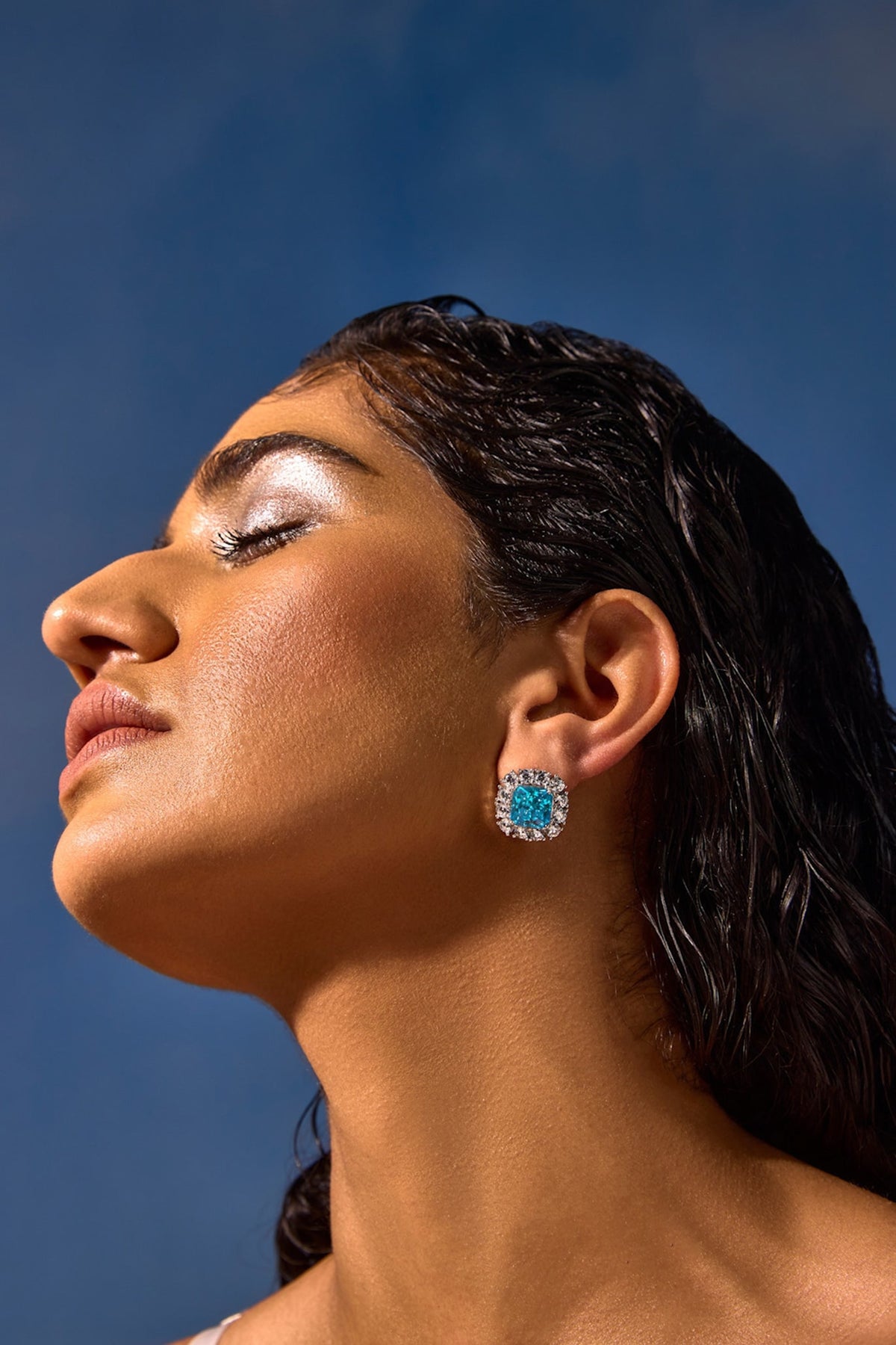 White Rhodium Finish Aqua & White Cubic Zirconia Crystal Stud Earrings In Sterling Silver