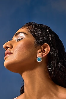 White Rhodium Finish Aqua & White Cubic Zirconia Crystal Stud Earrings In Sterling Silver