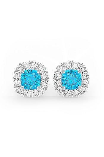 White Rhodium Finish Aqua & White Cubic Zirconia Crystal Stud Earrings In Sterling Silver