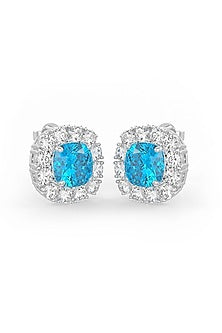 White Rhodium Finish Aqua & White Cubic Zirconia Crystal Stud Earrings In Sterling Silver
