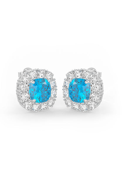 White Rhodium Finish Aqua & White Cubic Zirconia Crystal Stud Earrings In Sterling Silver