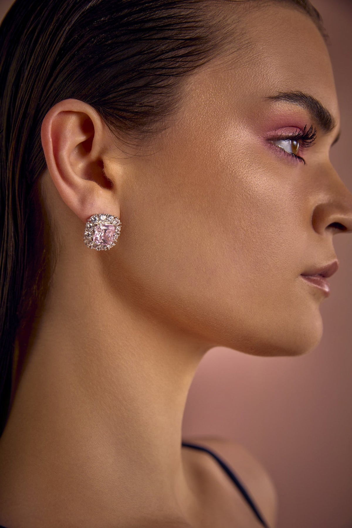White Rhodium Finish Pink & White Cubic Zirconia Crystal Stud Earrings In Sterling Silver