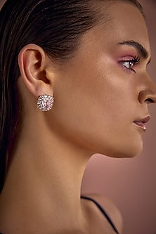 White Rhodium Finish Pink & White Cubic Zirconia Crystal Stud Earrings In Sterling Silver