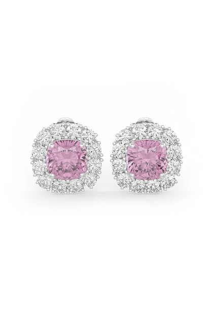 White Rhodium Finish Pink & White Cubic Zirconia Crystal Stud Earrings In Sterling Silver