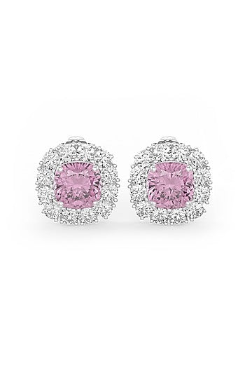 White Rhodium Finish Pink & White Cubic Zirconia Crystal Stud Earrings In Sterling Silver
