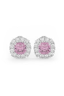 White Rhodium Finish Pink & White Cubic Zirconia Crystal Stud Earrings In Sterling Silver