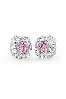 White Rhodium Finish Pink & White Cubic Zirconia Crystal Stud Earrings In Sterling Silver