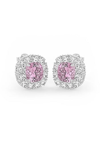 White Rhodium Finish Pink & White Cubic Zirconia Crystal Stud Earrings In Sterling Silver