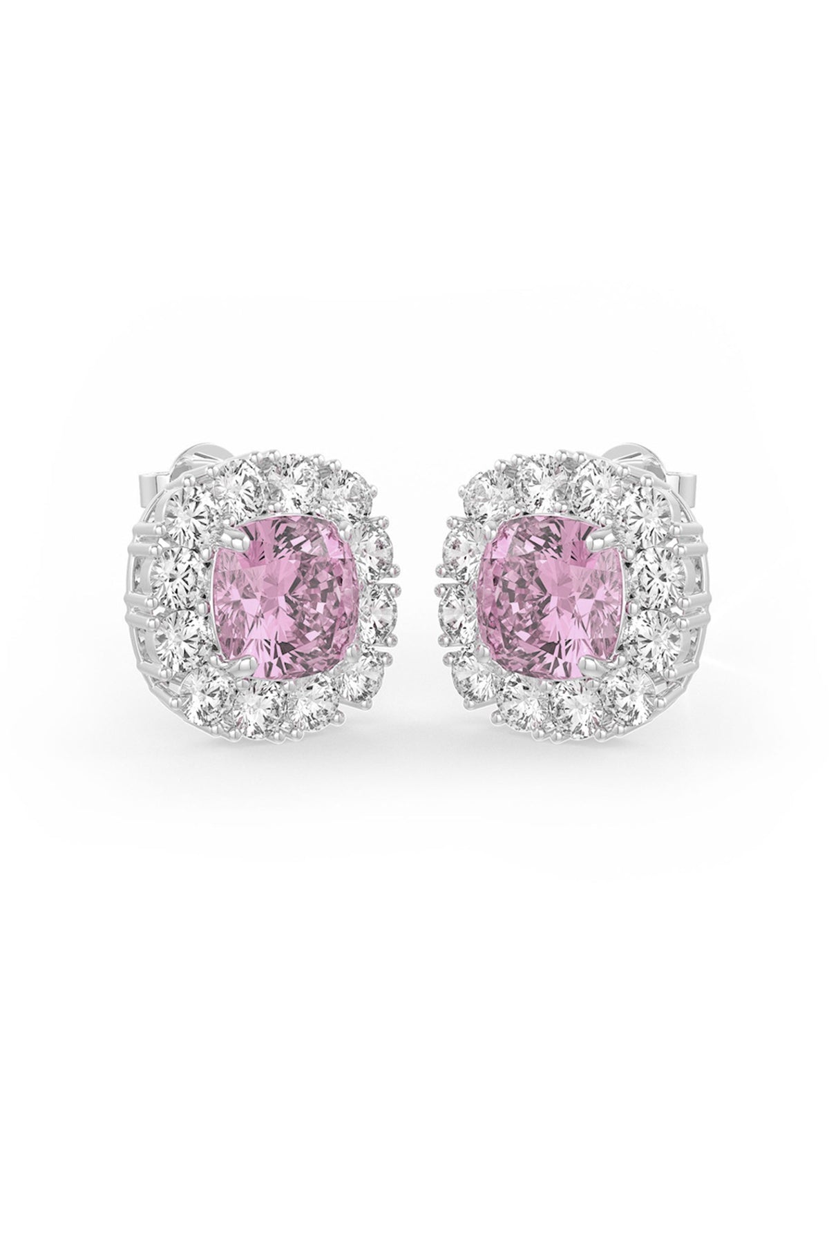 White Rhodium Finish Pink & White Cubic Zirconia Crystal Stud Earrings In Sterling Silver