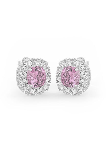 White Rhodium Finish Pink & White Cubic Zirconia Crystal Stud Earrings In Sterling Silver