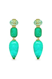 Gold Finish Teal & Emerald Green Natural Stone Drop Dangler Earrings In Sterling Silver