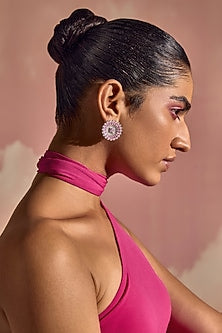 White Rhodium Finish Pink & White Cubic Zirconia Crystal Stud Earrings In Sterling Silver