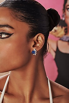 White Rhodium Finish Sapphire Blue & White Cubic Zirconia Crystal Floral Stud Earrings In Sterling Silver