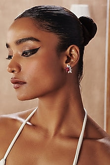White Rhodium Finish Ruby & White Cubic Zirconia Crystal Floral Stud Earrings In Sterling Silver