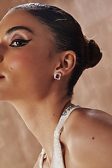 White Rhodium Finish Ruby Cubic Zirconia Crystal Floral Stud Earrings In Sterling Silver