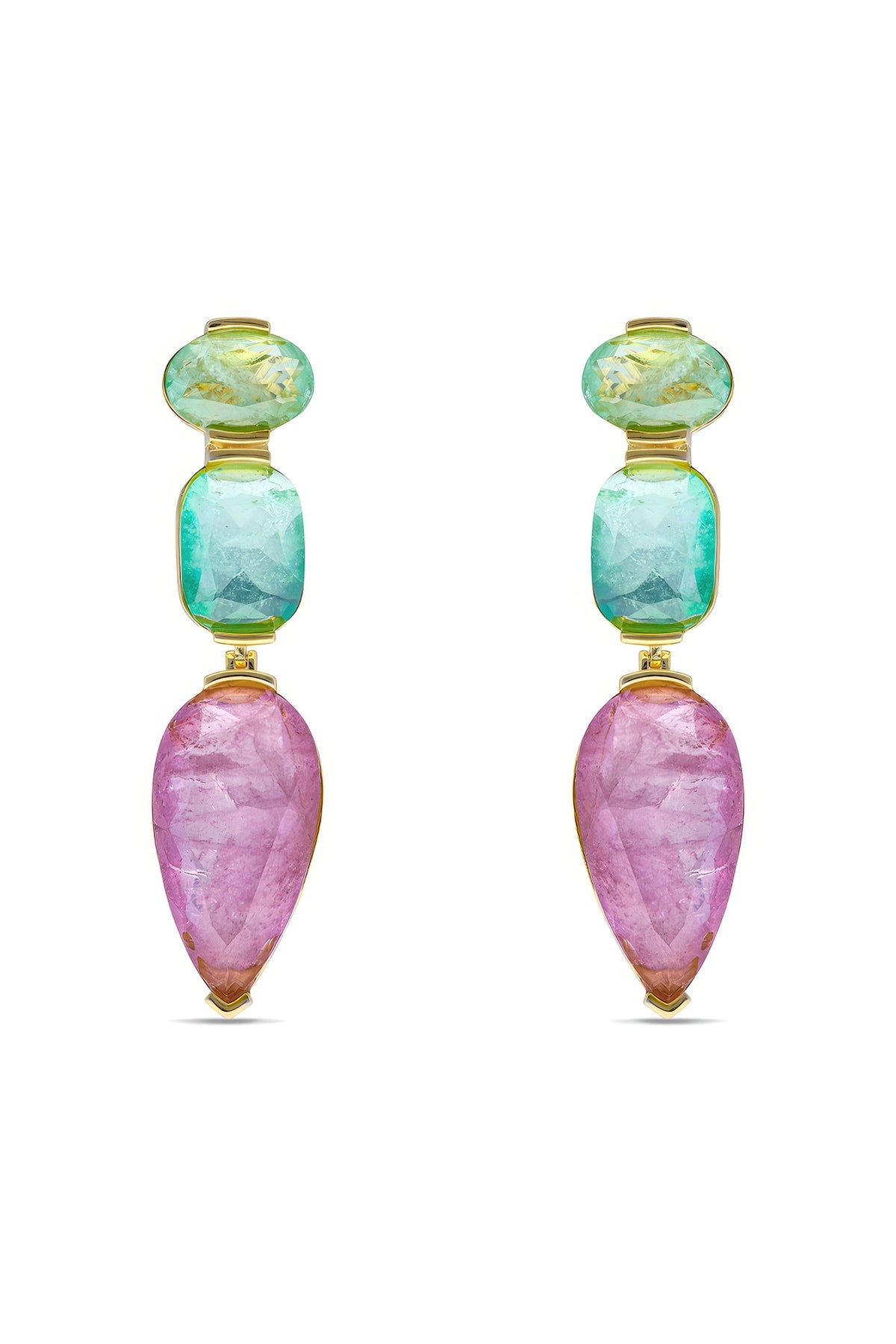Gold Finish Aqua Green & Light Purple Natural Stone Drop Dangler Earrings In Sterling Silver