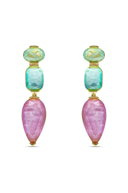 Gold Finish Aqua Green & Light Purple Natural Stone Drop Dangler Earrings In Sterling Silver