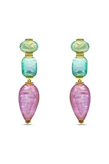 Gold Finish Aqua Green & Light Purple Natural Stone Drop Dangler Earrings In Sterling Silver