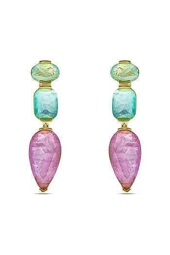 Gold Finish Aqua Green & Light Purple Natural Stone Drop Dangler Earrings In Sterling Silver