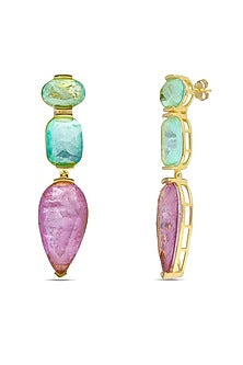 Gold Finish Aqua Green & Light Purple Natural Stone Drop Dangler Earrings In Sterling Silver