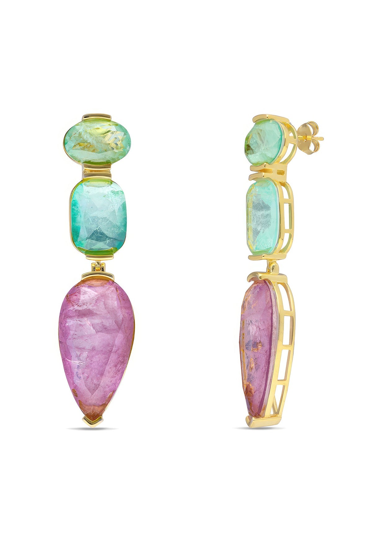 Gold Finish Aqua Green & Light Purple Natural Stone Drop Dangler Earrings In Sterling Silver
