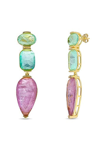 Gold Finish Aqua Green & Light Purple Natural Stone Drop Dangler Earrings In Sterling Silver
