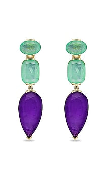 Gold Finish Aqua Green & Purple Natural Stone Drop Dangler Earrings In Sterling Silver