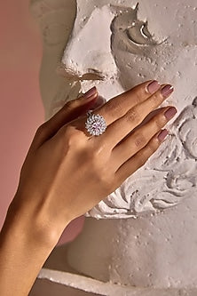 White Rhodium Finish Pink Cubic Zirconia Crystal Ring In Sterling Silver