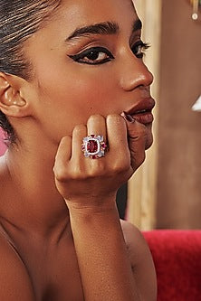 White Rhodium Red Cubic Zirconia Crystal Ring In Sterling Silver