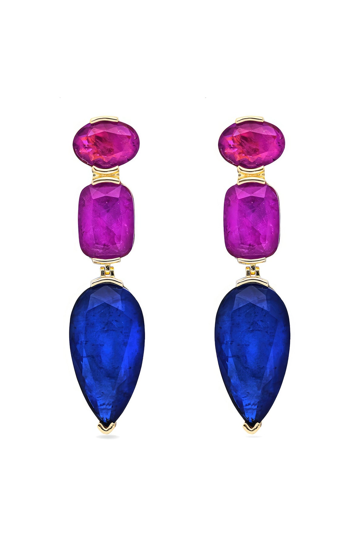 Gold Finish Dark Magenta & Blue Natural Stone Drop Dangler Earrings In Sterling Silver