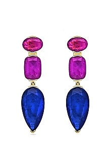 Gold Finish Dark Magenta & Blue Natural Stone Drop Dangler Earrings In Sterling Silver