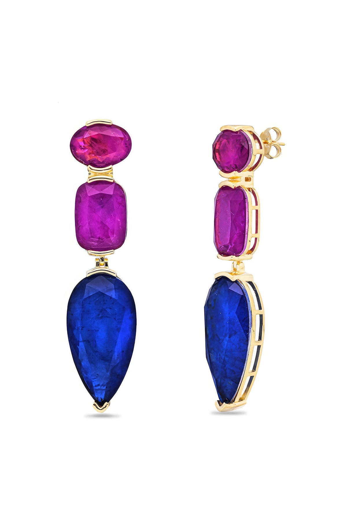 Gold Finish Dark Magenta & Blue Natural Stone Drop Dangler Earrings In Sterling Silver