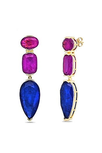 Gold Finish Dark Magenta & Blue Natural Stone Drop Dangler Earrings In Sterling Silver