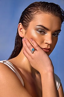 White Rhodium Finish Aqua & White Cubic Zirconia Crystal Ring In Sterling Silver