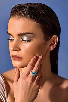 White Rhodium Finish Aqua Cubic Zirconia Crystal Ring In Sterling Silver