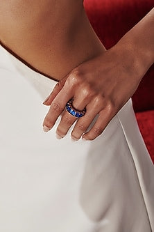 White Rhodium Finish Blue Sapphire Cubic Zirconia Crystal Ring In Sterling Silver