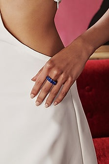 White Rhodium Finish Blue Sapphire Cubic Zirconia Crystal Ring In Sterling Silver