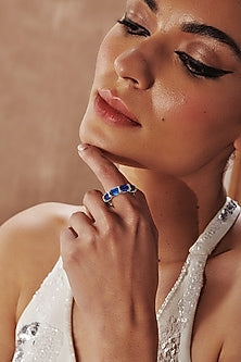 White Rhodium Finish Sapphire & White Cubic Zirconia Crystal Ring In Sterling Silver