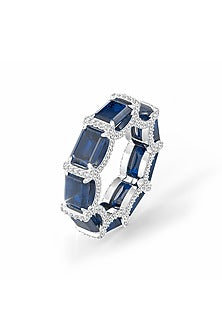 White Rhodium Finish Sapphire & White Cubic Zirconia Crystal Ring In Sterling Silver